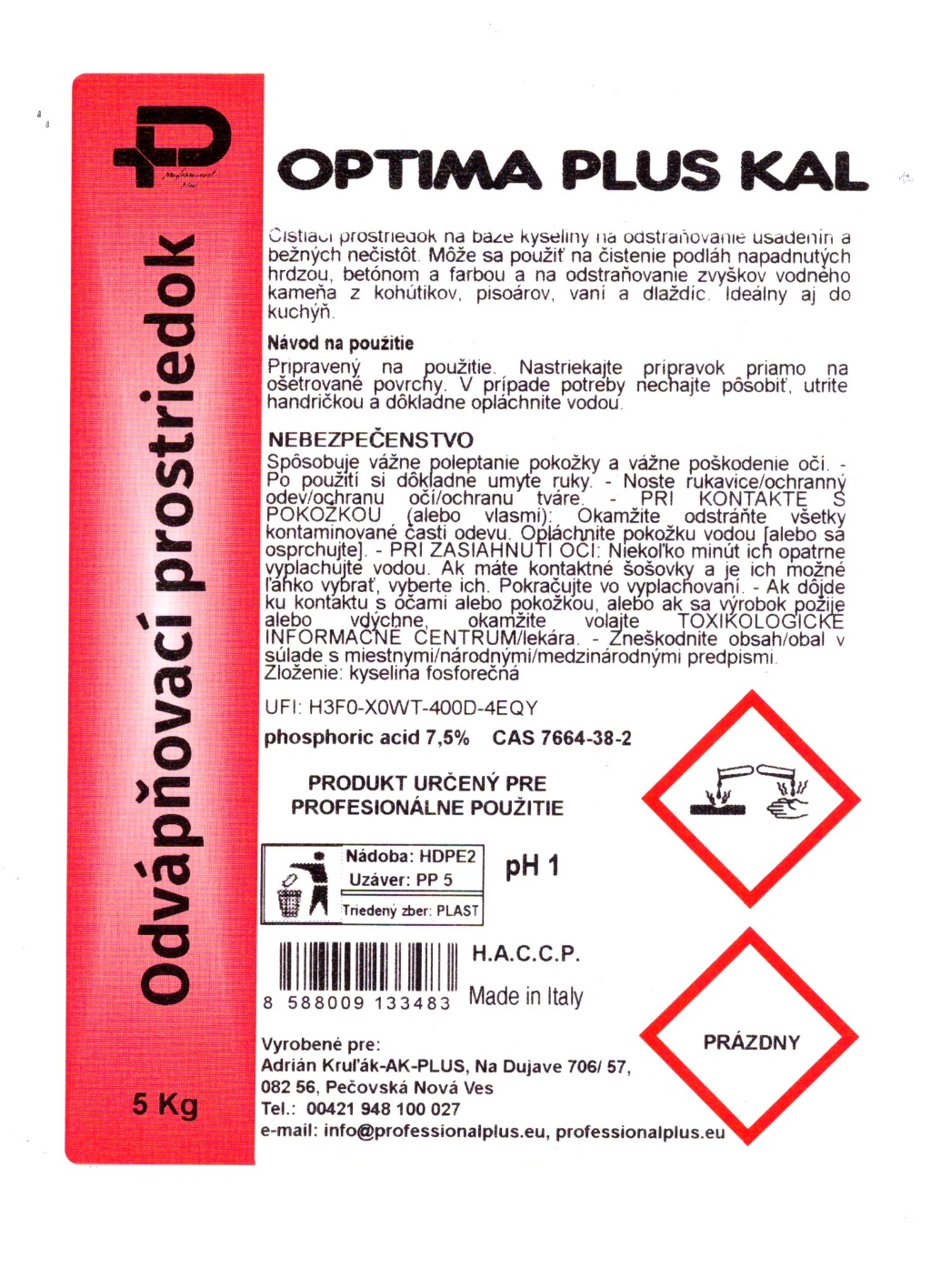 Optima Plus KAL odvápňovací prostriedok 5 kg