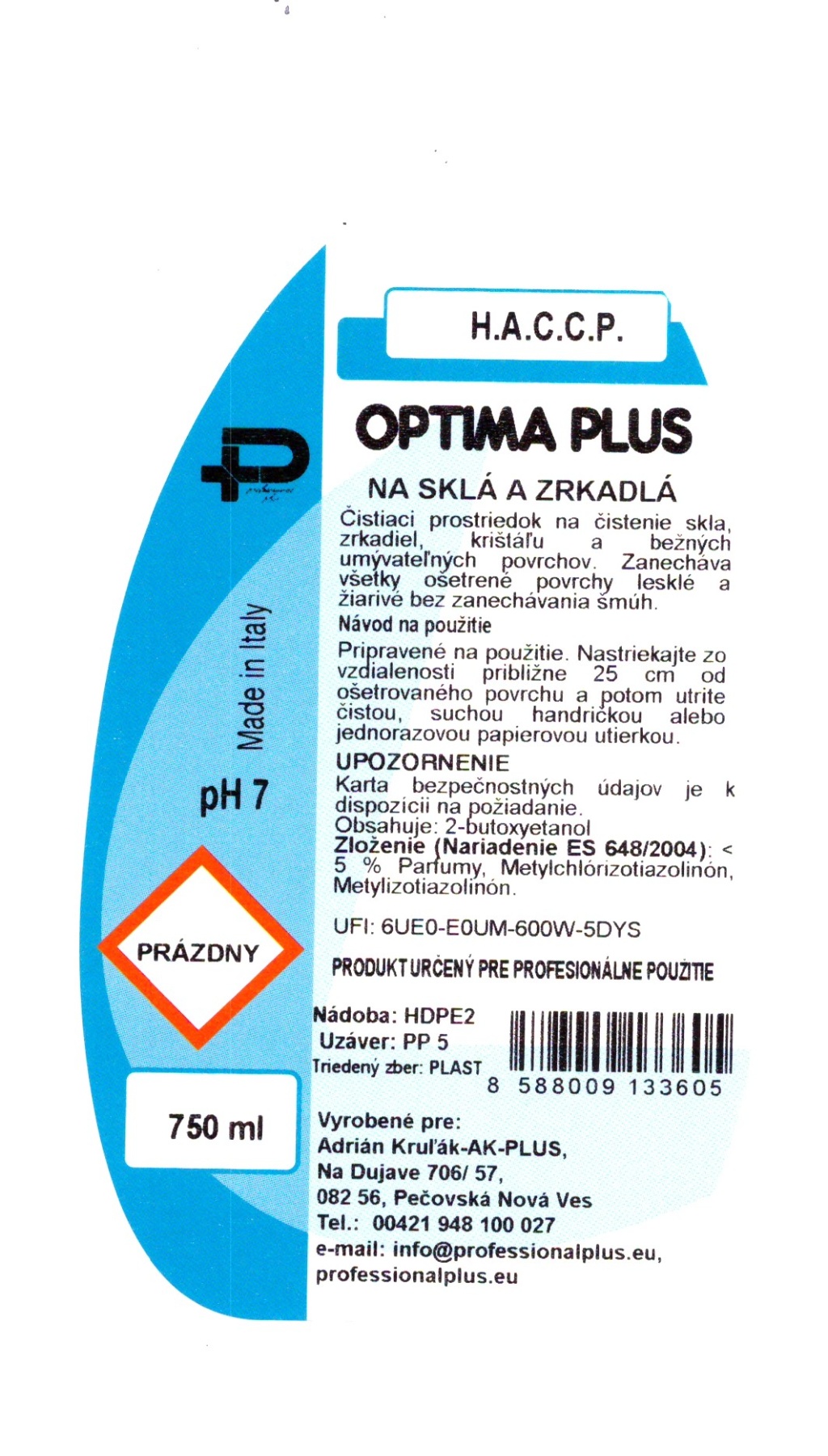 Optima Plus Na sklá a zrkadlá bez rozprašovača 750ml
